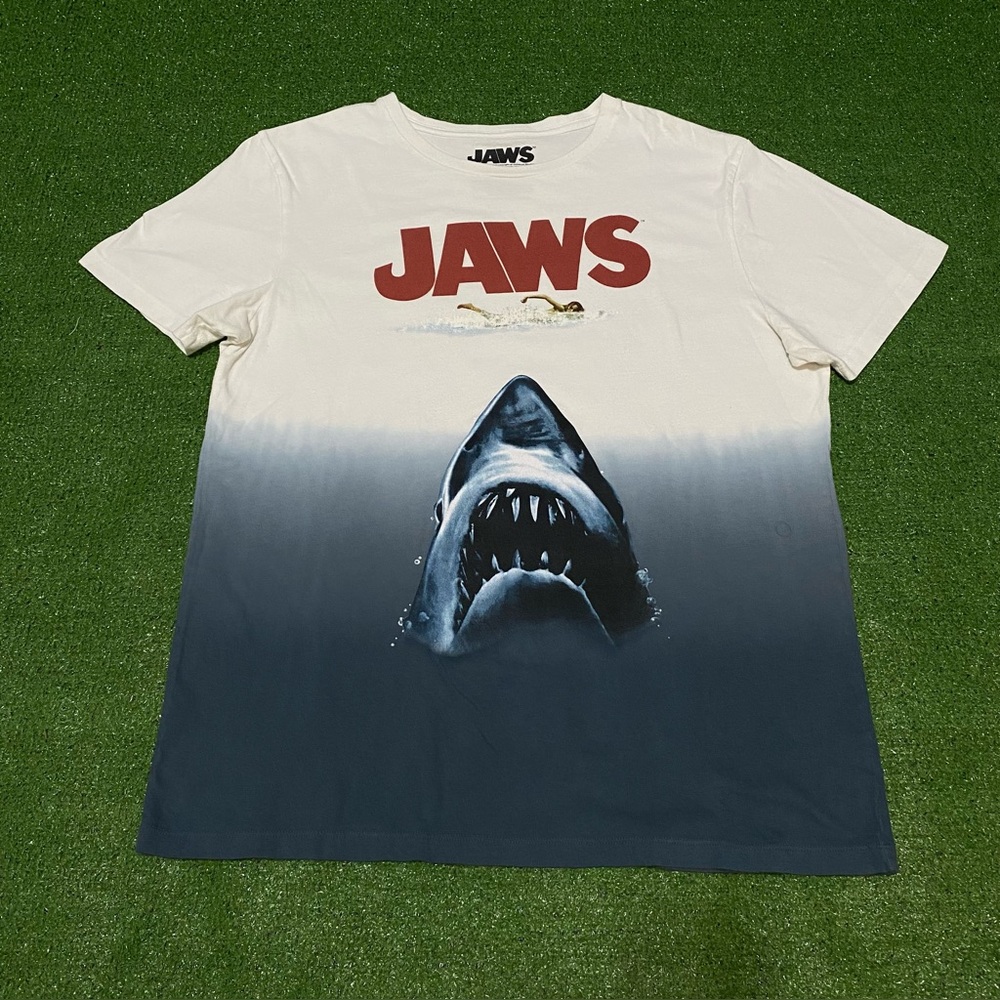 Jaws Movie Poster T-Shirt Men's Large White Blue Ombre Dip Dye Shark Graphic